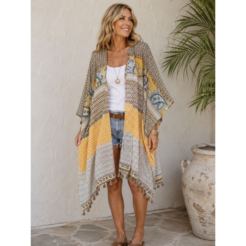 RAJ Tunic Coverup Women One Size Boho Paisley Indian Kaftan Lightweight Top EUC